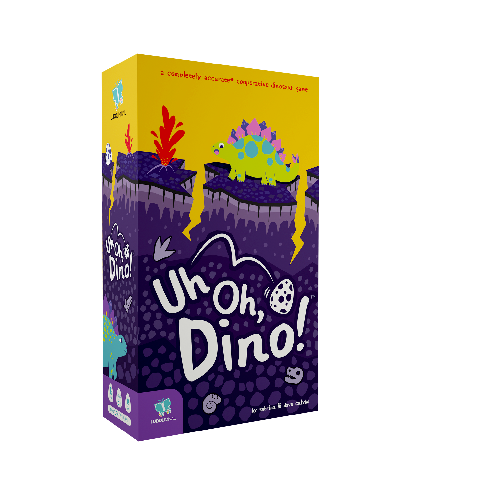 The Uh Oh, Dino!  game box, showing at an off-axis viewing angle with a transparent background. The box imagary is a green stegosaurus on a purple ground being split apart by earthquake cracks with geysers of lava.