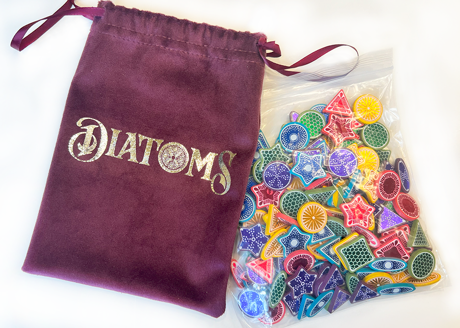 Photo of the deluxe wooden tiles add-on for Diatoms the board game. On the left is a purple velvet draw bag with silver DIATOMS logo. To the right is a plastic bag filled with blue, pink, yellow, purple, and green diatom tiles.