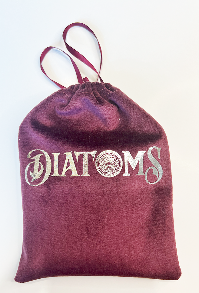 A purple velvet draw bag with silver DIATOMS logo. 